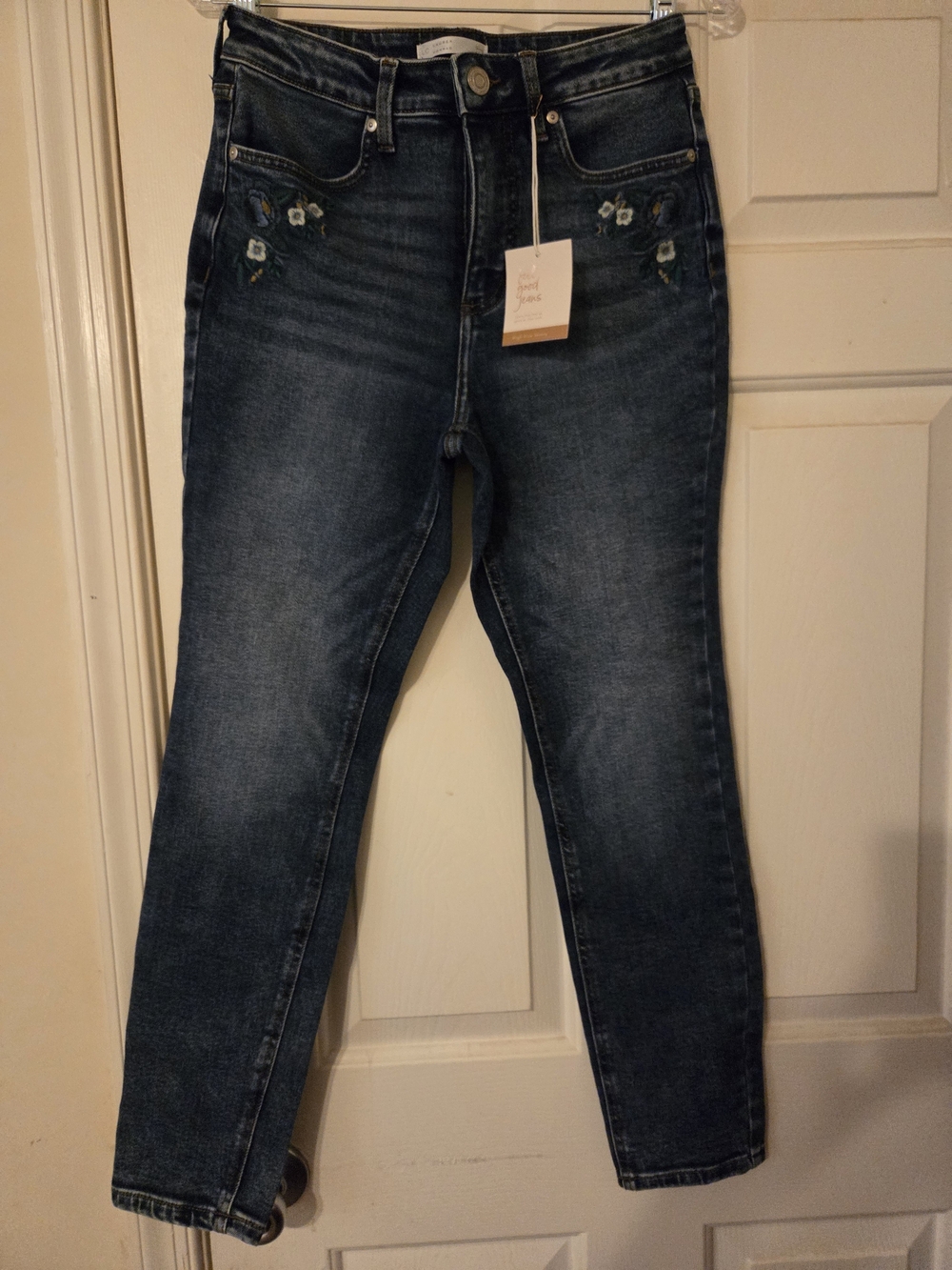LC Lauren Conrad Dark Blue High-Rise Jeans with Floral Embroidery